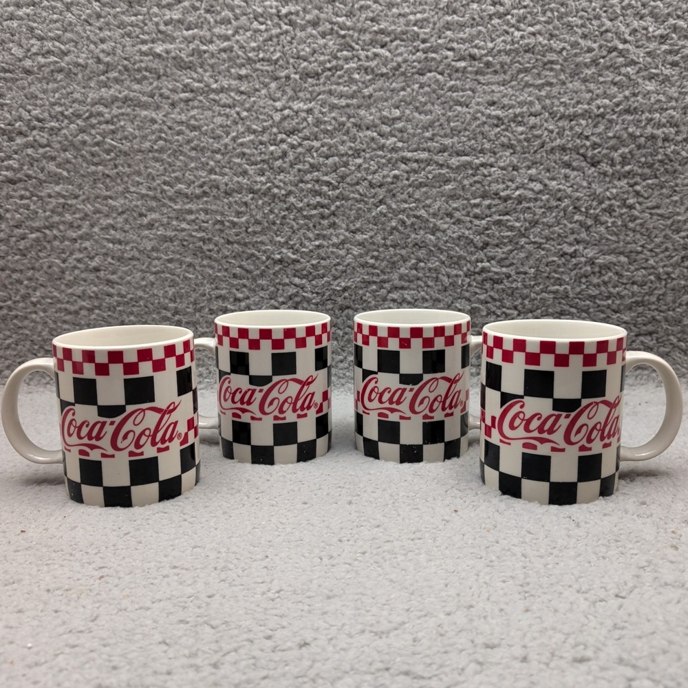 Vintage 1996 Gibson Coca Cola Set Checkered Coffee Mug Cup 12oz Set Of 4